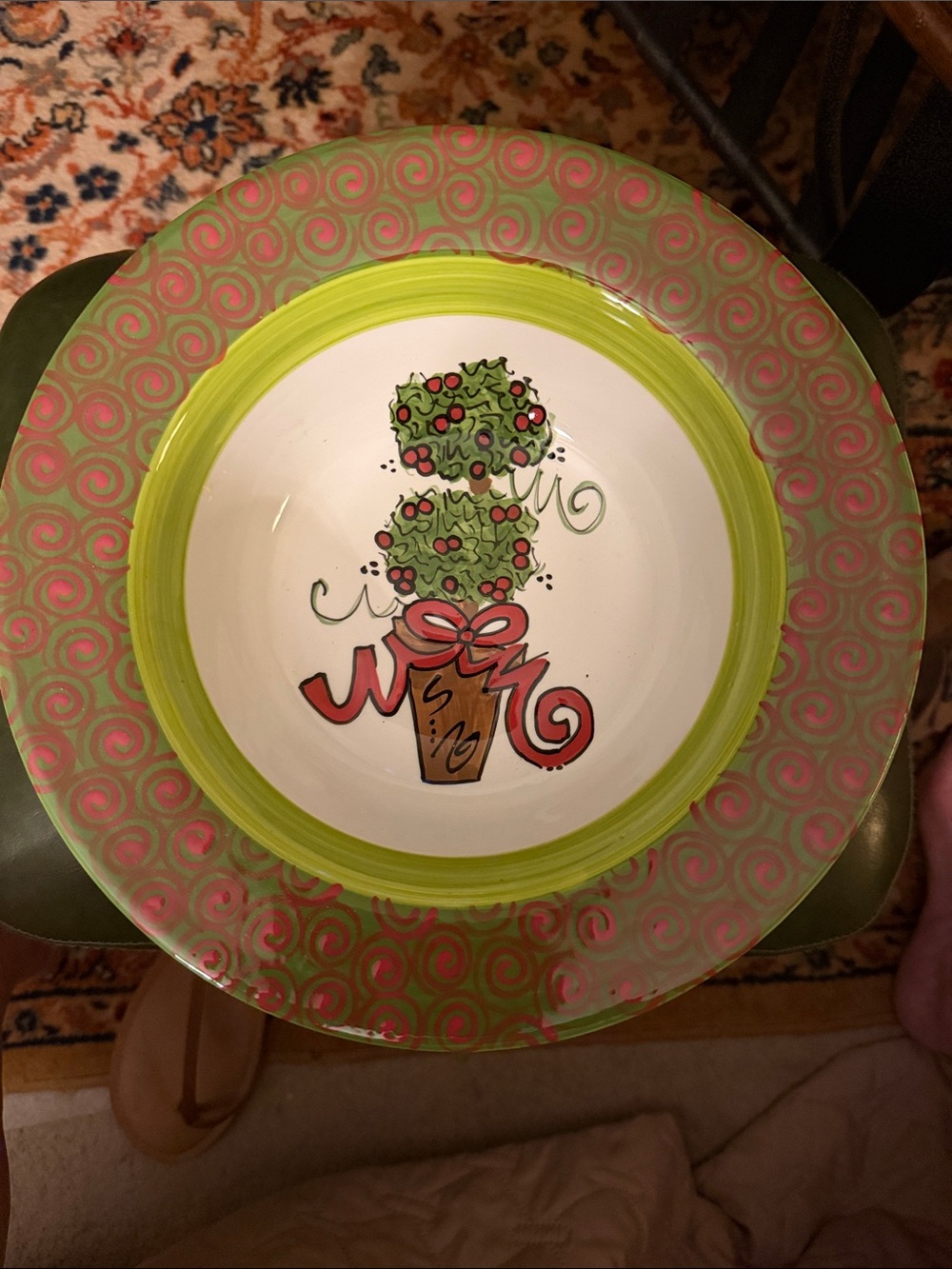Decorative Holiday Topiary Ceramic Bowl in Green & Red